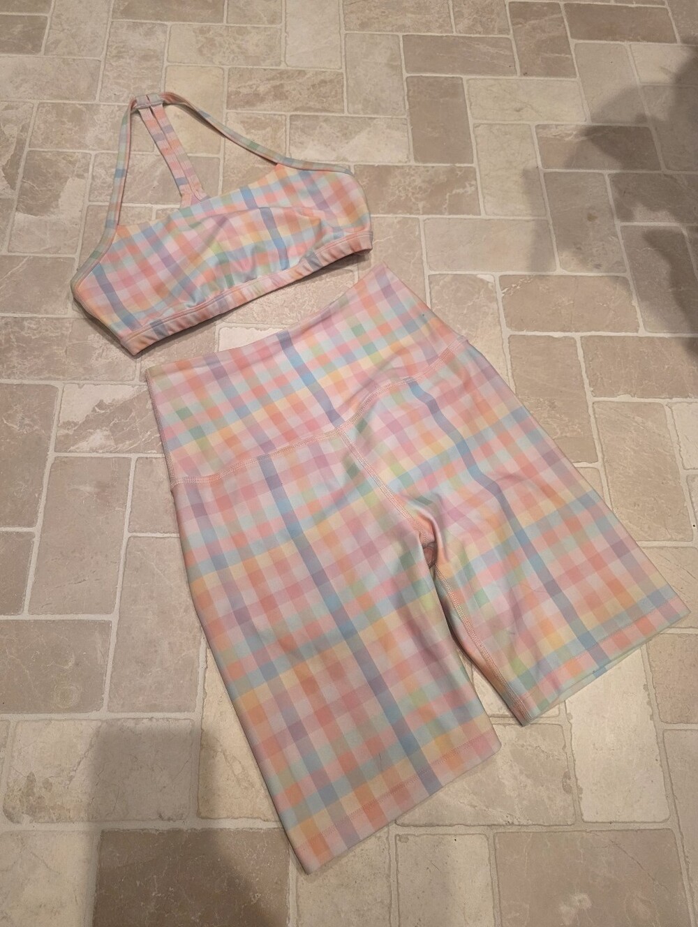Beyond Yoga Set Two Piece Biker Shorts Sports Bra Small Plaid Checkered